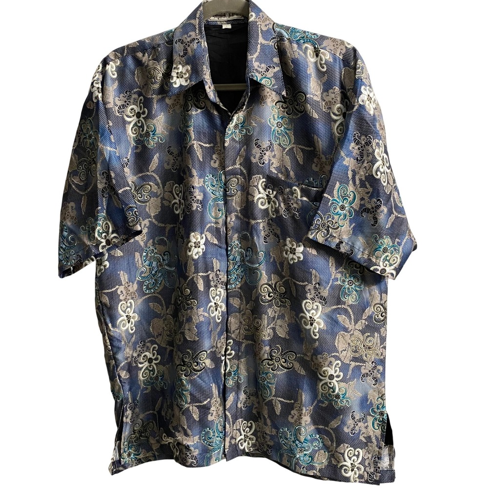 Ampiek Kaltim Mens XL Batik Sutera Halus Kalimantan Silk Shirt Blue‎ Floral XL